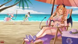 Rule 34 | 3girls, absurdres, alice (dkfl tm09too), beach, beach chair, bikini, black horns, black tail, black wings, blindfold, blonde hair, blue eyes, braid, breasts, cleavage, demon girl, demon horns, demon tail, demon wings, feet, food, fruit, gradient hair, hat, highres, holding, holding sword, holding weapon, hololive, holonatsu paradise, horizon, horns, large breasts, long hair, multicolored hair, multiple girls, nakiri ayame, nakiri ayame (holonatsu paradise), ocean, one eye closed, oozora subaru, oozora subaru (holonatsu paradise), pink hair, pink sarong, pointy ears, purple bikini, sand, sarong, shoe soles, sitting, solo focus, swimsuit, sword, tail, unworn hat, unworn headwear, virtual youtuber, watermelon, weapon, wide shot, wings, wooden sword, yuzuki choco, yuzuki choco (holonatsu paradise)