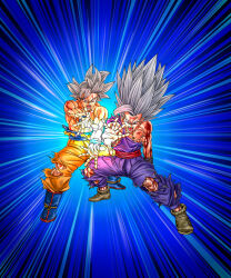 Rule 34 | 2boys, aura, blue boots, blue sash, boots, clenched hand, dougi, dragon ball, dragon ball super, dragon ball super super hero, electricity, father-son kamehameha, father and son, full body, gohan beast, grey eyes, grey hair, kamehameha (dragon ball), lightning, long hair, male focus, medium hair, multiple boys, muscular, muscular male, official art, open mouth, orange pants, pants, purple pants, purple shirt, red eyes, red sash, sash, serious, shirt, sleeveless, sleeveless shirt, son gohan, son goku, spiked hair, teeth, tongue, topless male, torn clothes, torn pants, toyotarou, ultra instinct