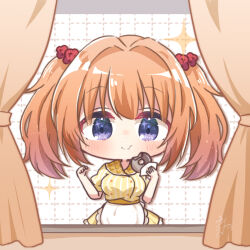 1girl :t apron blush buttons cafe_stella_to_shinigami_no_chou chibi closed_mouth cowboy_shot curtains double-breasted donut eating food frilled_apron frills hair_intakes hair_ornament hands_up happy hashtag-only_commentary highres holding holding_donut holding_food long_hair looking_at_viewer orange_hair plaid_clothes plaid_collar puffy_short_sleeves puffy_sleeves purple_eyes shirt short_sleeves simple_background skirt smile solo sparkle sparkling_eyes striped_clothes striped_shirt sumizome_nozomi tareme twintails utuigawa vertical-striped_clothes vertical-striped_shirt waist_apron waitress white_apron white_background window yellow_shirt yellow_skirt