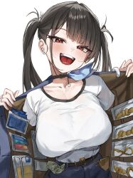 1girl absurdres banknote black_choker black_hair blush breasts choker commentary goddess_of_victory:_nikke highres jacket jewelry large_breasts long_hair looking_at_viewer money open_clothes open_jacket open_mouth red_eyes ring rosu_1109 shirt shirt_tucked_in simple_background single_earphone solo sora_(nikke) twintails upper_body white_background white_shirt