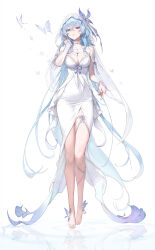 1girl absurdres alternate_costume bare_legs bare_shoulders barefoot blue_hair breasts cleavage collarbone colored_eyelashes commentary dress earrings feet hair_between_eyes hand_up highres jewelry large_breasts legs long_hair looking_at_viewer purple_eyes shorekeeper_(wuthering_waves) simple_background solo veil very_long_hair white_background white_dress white_veil wuthering_waves youngjoo_kjy