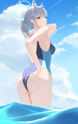 1girl animal_ear_fluff animal_ears ass azashiro_kp black_one-piece_swimsuit blue_archive blue_eyes blue_sky breasts cloud competition_swimsuit cross_hair_ornament day extra_ears grey_hair hair_ornament halo highres looking_to_the_side low_ponytail medium_breasts medium_hair mismatched_pupils multicolored_swimsuit official_alternate_costume one-piece_swimsuit outdoors ponytail shiroko_(blue_archive) shiroko_(swimsuit)_(blue_archive) sky solo swimsuit wading water wolf_ears
