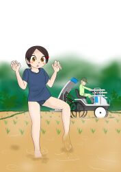 1boy 1girl barefoot baseball_cap blue_one-piece_swimsuit blue_school_swimsuit blue_shirt blush boots breasts brown_eyes brown_hair closed_eyes collarbone dirty dirty_feet driving grass green_hat green_pants green_shirt grey_boots hair_ornament hairclip hat long_sleeves looking_down one-piece_swimsuit open_mouth original pants rice_planting rice_transplanter school_swimsuit sexless2012 shirt short_hair short_sleeves sky small_breasts standing standing_on_one_leg swimsuit swimsuit_under_clothes tractor tree wading water