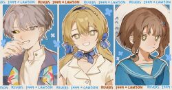 1boy 2girls black_sclera blonde_hair blue_background blue_bow blue_eyes blue_flower blue_neckerchief blue_sailor_collar border bow bright_pupils brown_hair closed_mouth colored_sclera eagle_(reverse:1999) flower green_eyes grey_hair grey_jacket grin hair_bow hand_up hat heterochromia jacket jewelry lawson looking_at_viewer low_twintails marron_(illmarron) mismatched_sclera multiple_girls neckerchief necklace official_alternate_costume pearl_necklace portrait reverse:1999 sailor_collar shirt short_hair short_sleeves smile sotheby teeth triptych_(art) twintails white_border white_hat white_pupils white_shirt x_(reverse:1999) yellow_eyes