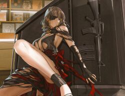 Rule 34 | 1girl, assault rifle, blonde hair, braid, breasts, bridal gauntlets, brown eyes, brown hair, cleavage, dress, evening gown, eyepatch, game screenshot, girls&#039; frontline, gun, m16, m16a1, m16a1 (blazer of the trail) (girls&#039; frontline), m16a1 (girls&#039; frontline), magazine (weapon), multicolored hair, pakdeus, rifle, scar, scar on face, taking cover, torn clothes, weapon