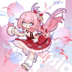 1girl absurdres aged_down balloon bell blue_eyes commentary_request commission dress elf elysia_(honkai_impact) flower hair_bell hair_flower hair_ornament highres holding holding_megaphone homei_(honkai_impact) honkai_(series) honkai_impact_3rd leg_warmers long_hair megaphone official_alternate_costume open_mouth pink_hair pointy_ears red_dress shoes solo tanhuabaiwu very_long_hair white_leg_warmers white_shoes