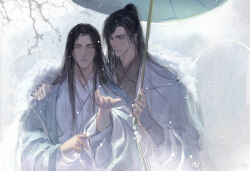 Rule 34 | 2boys, absurdres, black hair, branch, chinese clothes, chinese commentary, chu wanning, cloak, closed mouth, erha he tadebai mao shizun, fur-trimmed cloak, fur trim, grey eyes, hair down, hand on another&#039;s shoulder, hanfu, high ponytail, highres, holding, holding umbrella, kami off record, long hair, long sleeves, looking ahead, looking at another, male focus, mo ran, multiple boys, oil-paper umbrella, parted lips, ponytail, snow, snowing, tassel, umbrella, upper body, watermark, weibo watermark, white cloak, white hanfu, wide sleeves, yaoi
