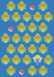 absurdres blue_background closed_eyes creatures_(company) dunsparce facing_viewer game_freak gen_1_pokemon gen_2_pokemon gen_3_pokemon highres kotokiyou nintendo no_humans open_mouth poke_ball poke_ball_(basic) pokemon pokemon_(creature) red_eyes shedinja simple_background voltorb