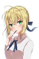 1girl ahoge artoria_pendragon_(fate) blonde_hair blue_ribbon blush closed_mouth collared_shirt commentary_request fate/stay_night fate_(series) food food_in_mouth green_eyes hair_between_eyes hair_bun hair_ribbon hand_up highres holding holding_food holding_pocky long_sleeves looking_at_viewer medium_hair neck_ribbon pocky pocky_in_mouth ribbon saber_(fate) shirt simple_background single_hair_bun solo szl upper_body white_background white_shirt