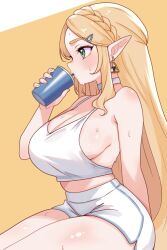 1girl bike_shorts blonde_hair braid breasts choker crop_top cup drinking earrings green_eyes hair_ornament hairclip holding holding_cup jewelry large_breasts long_hair military_vehicle moshiedraws motor_vehicle nintendo pointy_ears princess_zelda shorts sideboob simple_background sweat tank the_legend_of_zelda thighs triforce white_choker