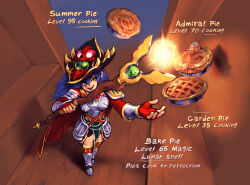 1girl absurdres armor armored_boots bakery baking bestfriendforever blue_hair boots breasts cape casting_spell commentary commission completionist_cape_(t)_(runescape) cuirass dang_(runescape) duellist&#039;s_cap_(tier_6) english_commentary english_text fingerless_gloves floating food full_body gloves glowing_hat hat highres holding holding_staff levitation long_hair mage_staff magic medium_breasts original pie plate_armor runescape shop smile solo spiked_ear_piercing staff staff_of_armadyl_(runescape) standing weapon wooden_floor yellow_eyes