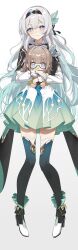 1girl absurdres black_hairband black_jacket black_thighhighs blue_eyes blush brown_hair closed_mouth dress firefly_(honkai:_star_rail) full_body glasses green_dress grey_hair hair_between_eyes hair_ornament hairband high_heels highres honkai:_star_rail honkai_(series) hug hugging_doll hugging_object jacket long_hair nero000 open_mouth pink_eyes simple_background smile solo thighhighs very_long_hair white_background zettai_ryouiki