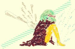 1girl abstract arms_on_knees blue_eyes brown_coat coat commentary_request crossed_arms eyewear_on_head fork frown glasses green_hair gumi hair_over_one_eye highres knees_up long_sidelocks looking_down looking_to_the_side masking_tape_(medium) mixed_media pantyhose partial_commentary poncho_(ponpontyo_8) red-framed_eyewear short_hair sidelocks sideways_glance sitting solo stab traditional_media unconventional_media vocaloid yellow_background yellow_pantyhose yowamushi_mont-blanc_(vocaloid)