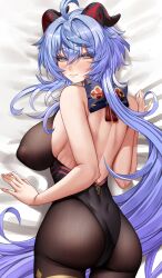 1girl absurdres ahoge ass bare_arms bare_back bare_shoulders bed_sheet black_leotard blush bodystocking breasts closed_mouth ganyu_(genshin_impact) genshin_impact goat_horns hair_between_eyes highres horns jewelry large_breasts leotard long_hair looking_at_viewer looking_back lying nompang on_stomach pantyhose ponytail purple_eyes sideboob sidelocks solo thighlet very_long_hair