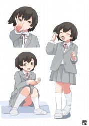 1girl absurdres alternate_costume black_hair blazer brown_eyes commentary_request eating full_body grey_jacket grey_skirt highres hiryuu_(kancolle) jacket kantai_collection multiple_views neck_ribbon one_side_up red_ribbon ribbon school_uniform short_hair sitting skirt socks standing toplow upper_body white_socks