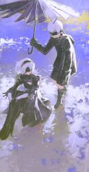 1boy 1girl 2b_(nier:automata) 9s_(nier:automata) absurdres black_blindfold black_boots black_dress black_gloves black_hairband black_thighhighs blindfold boots choker clothing_cutout covered_eyes dress gloves hairband highres holding holding_umbrella juliet_sleeves long_sleeves nier:automata nier_(series) puffy_sleeves rain short_hair shorts smile sorrowny thighhighs umbrella water white_hair