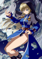 1girl absurdres blonde_hair blue_dress blue_eyes breasts commission dress genderswap genderswap_(mtf) goeniko goenitz habit highres large_breasts long_hair long_sleeves looking_at_viewer looking_back m.u.g.e.n medium_breasts midnight_bliss nun open_mouth panties pixiv_commission snk solo svc_chaos the_king_of_fighters the_king_of_fighters_&#039;96 thighs underwear yagi2013