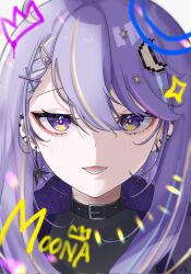 Rule 34 | 1girl, belt collar, black collar, black shirt, braid, braided bangs, character name, collar, commentary, covered collarbone, crescent, crescent hair ornament, ear piercing, earrings, english commentary, eyeliner, hair between eyes, hair ornament, hairclip, hololive, hololive indonesia, icy artzy, jewelry, light blush, long hair, looking at viewer, lower teeth only, makeup, moona hoshinova, moona hoshinova (punk rock), multicolored eyes, official alternate costume, official alternate hairstyle, open mouth, piercing, portrait, purple eyes, purple hair, red eyeliner, shirt, simple background, single earring, smile, solo, star (symbol), star earrings, star hair ornament, starry hair, straight-on, swept bangs, teeth, two-tone eyes, virtual youtuber, white background, x hair ornament, yellow eyes