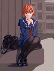 1girl absurdres ahoge arisugawa_natsuha bag black_bag black_pantyhose black_shoes blue_serafuku commentary_request full_body highres idolmaster idolmaster_shiny_colors light_blush loafers long_sleeves looking_at_viewer mayuge_(tfrz8347) neckerchief orange_hair outdoors pantyhose red_neckerchief school_bag school_uniform serafuku shoes sitting solo