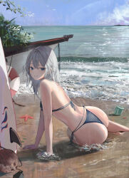 1girl absurdres arm_support ass beach bikini blue_bikini blue_eyes bottle coconut commentary full_body grey_hair grin highres innertube jenmin12 looking_at_viewer medium_hair ocean original outdoors parted_lips planted side-tie_bikini_bottom sitting smile solo starfish surfboard swim_ring swimsuit yokozuwari