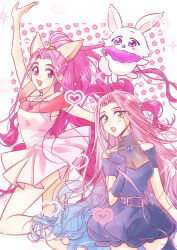 Rule 34 | 2girls, alien stage, animal, animal ears, black dress, black gloves, blue hair, chinese commentary, clothing cutout, color connection, commentary, crossover, dress, elbow gloves, gloves, hair color connection, heart, heart necklace, high ponytail, highres, jewelry, kozxiaoji, long hair, mizi (alien stage), multicolored hair, multiple girls, necklace, pink eyes, pink hair, ponytail, short sleeves, shoulder cutout, two-tone hair, very long hair, white dress, yellow eyes, yolang, yolang and yolang