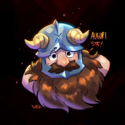 1boy absurdres bara bare_shoulders beard dungeon_meshi dwarf facial_hair fake_horns helmet highres horned_helmet horns long_beard looking_at_viewer looking_up male_focus mustache sanpaku senshi_(dungeon_meshi) sneekkio solo tareme thick_mustache very_long_beard