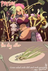 1girl ;d absurdres blonde_hair bra breasts centurii-chan cleavage commentary commentary_request crossed_legs dark-skinned_female dark_skin dirt english_commentary english_text fork grass hat highres holding holding_money large_breasts long_sidelocks looking_at_viewer money one_eye_closed open_mouth plate shorts sidelocks smile solo star-shaped_pupils star_(symbol) symbol-shaped_pupils torn_clothes torn_shorts underwear