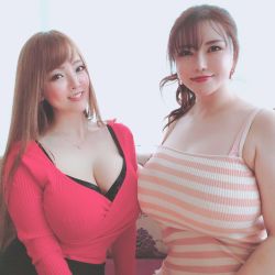 2girls breast_touching breasts brown_hair cleavage closed_mouth highres huge_breasts japanese_(nationality) large_breasts lipstick long_hair looking_at_viewer makeup multiple_girls okita_anri photo_(medium) porn_star pornstar real_life smile tagme tanaka_hitomi