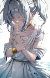 1girl ancient_greek_clothes blue_dress blue_hair bracelet braid commentary crying dress english_commentary gawr_gura gawr_gura_(party_dress) gold_choker gradient_clothes gradient_dress greco-roman_clothes grey_hair highres himation holding_own_arm hololive hololive_english jewelry medium_hair multicolored_hair no_eyes off-shoulder_dress off_shoulder official_alternate_costume official_alternate_hairstyle open_mouth side_braid simple_background solo stone_(ksorede) streaked_hair tears twintails virtual_youtuber white_background white_dress