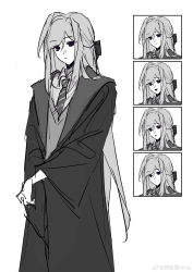 1girl :d :o absurdres bow chinese_commentary closed_mouth commentary_request cowboy_shot diagonal-striped_clothes diagonal-striped_necktie empty_eyes expressionless fukamori greyscale hair_bow hair_intakes half_updo harry_potter_(series) highres hogwarts_school_uniform long_hair long_sleeves looking_at_viewer monochrome multiple_expressions necktie no_pupils open_mouth original parody robe school_uniform sidelocks simple_background sketch slytherin smile solo striped_clothes sweater v-neck very_long_hair white_background wide_sleeves wizarding_world