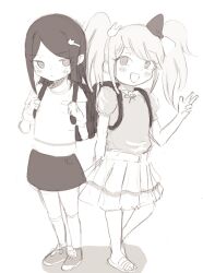 2girls aged_down bababaeki00 black_hair blonde_hair blush bow child closed_mouth danganronpa:_trigger_happy_havoc danganronpa_(series) enoshima_junko feet female_focus freckles greyscale hair_bow hair_ornament hand_up highres ikusaba_mukuro long_hair looking_at_viewer monochrome multiple_girls open_mouth rabbit_hair_ornament siblings simple_background sisters toes twins twintails white_background