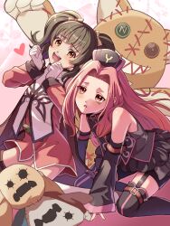 2girls anise_tatlin arietta_(tales) arm_support bare_shoulders black_hair black_skirt black_sleeves black_tabard blush boots brown_eyes ch1emon_i commentary detached_sleeves dress garter_straps gloves heart highres long_hair looking_at_another multiple_girls open_mouth parted_bangs pink_dress pink_eyes pink_hair pink_trim single_tear skirt stuffed_toy tabard tales_of_(series) tales_of_the_abyss thigh_boots tokunaga_(tales) twintails white_gloves white_tabard