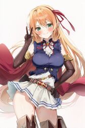 1girl arisa_(shadowverse) belt belt_buckle blonde_hair blouse blue_shirt blush boots breasts buckle elbow_gloves elf gloves green_eyes hair_ribbon hand_on_own_hip highres long_hair pleated_skirt pointy_ears ribbon shadowverse shirt simple_background skirt solo thigh_boots thighhighs v zettai_ryouiki