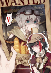 ! !! 2girls ^^^ absurdres anger_vein angry aoba_moca aqua_eyes baguette bakery bang_dream! black_hair bread bread_slice brown_gloves brown_hat clothing_cutout collared_shirt crumpled_paper eating flying_sweatdrops food food_in_mouth gear_hat_ornament gloves grey_hair hat hat_ornament head_steam highres jacket kagisase medium_hair mitake_ran mouth_hold multicolored_hair multiple_girls official_alternate_costume peaked_cap red_hair red_hat red_jacket shaded_face shirt shop shoulder_cutout streaked_hair surprised toast toast_in_mouth two-tone_hat wanted_poster white_shirt