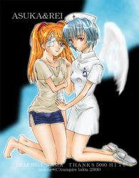 2000 2girls ayanami_rei bandages bandage_over_one_eye barefoot legs multiple_girls neon_genesis_evangelion nurse souryuu_asuka_langley vampire_lolita wings