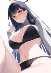 1girl black_bra black_hair black_panties blue_archive blush bra breasts cleavage from_below hair_ornament hairclip hand_up highres knee_up large_breasts long_hair looking_at_viewer mimikaki navel no_pants panties red_eyes rio_(blue_archive) simple_background sitting solo stomach tatsumiya_kagari thighs underwear very_long_hair white_background