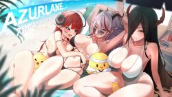 3girls absurdres aegir_(azur_lane) ahoge alternate_costume anniversary arm_support armpits arms_up ass azur_lane bare_shoulders beach beach_chair beach_umbrella between_thighs bikini black_bikini black_hair black_hairband black_horns blunt_bangs blush breasts breasts_apart can chair cleavage cloud collarbone commentary cooler copyright_name criss-cross_halter crossed_legs curled_horns day drink_can earrings english_commentary eyes_visible_through_hair friedrich_der_grosse_(azur_lane) glint hair_over_one_eye hairband halterneck highres hindenburg_(azur_lane) holding_own_arm horns huge_ahoge ice ice_cube jewelry large_breasts light_particles long_hair looking_at_another looking_at_viewer lotion lotion_bottle lounge_chair lying manjuu_(azur_lane) mechanical_horns multicolored_hair multiple_girls nevven o-ring o-ring_bikini ocean on_back on_side outdoors parted_lips plant pointy_ears red_eyes red_hair red_horns red_streaks sidelocks sitting smile soda_can starfish strap_slip streaked_hair string_bikini sunglasses sunscreen swimsuit thighs umbrella under_umbrella untied_bikini_top very_long_hair white_bikini white_hair yellow_eyes