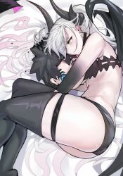 1girl absurdres ass bare_shoulders black_hands blush body_markings breasts colored_extremities demon_girl demon_horns demon_wings fate/grand_order fate_(series) fujimaru_ritsuka_(male) green_eyes grey_hair highres horns lilith_(fate) long_hair medium_breasts solo stomach_tattoo stuffed_toy tattoo therrao twintails wings