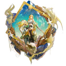 1girl absurdres ankh ankh_necklace aqua_gemstone arknights asymmetrical_clothes asymmetrical_legwear bandaged_wrist bandages bare_arms belt bird black_bag black_belt black_boots blonde_hair boots braid breasts clear_sky cleavage crop_top cropped_shirt demon_girl demon_horns desert detached_pants egyptian_art floating_hair full_body garter_belt gem gold_necklace green_hair green_nails hand_on_hilt hieroglyphics high_belt highres hoirn holding holding_shield holding_sword holding_weapon hood hooded_vest hoodie horn_ornament horns jewelry khopesh large_breasts light_smile linea_alba long_hair looking_up loose_bandages multicolored_hair multiple_belts nail_polish navel necklace official_art open_clothes open_mouth open_vest outdoors overskirt philae_(arknights) red_eyes sand see-through_hood shield shirt shorts sidelocks single_pantsleg sky solo standing statue sword teeth thigh_strap third-party_source transparent_background two-tone_hair upper_teeth_only vest weapon white_hood white_overskirt white_shirt white_shorts white_vest