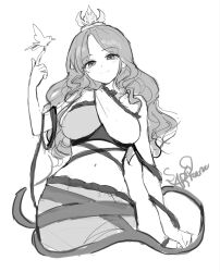 1girl bare_shoulders bird bird_on_hand breasts chirizuka_ubame closed_mouth commentary_request cowboy_shot crop_top cropped_legs fossilized_wonders frilled_shirt frilled_skirt frills greyscale head_tilt headpiece highres index_finger_raised large_breasts long_hair looking_at_viewer midriff monochrome navel sarukana shirt signature simple_background sketch skirt sleeveless sleeveless_shirt smile solo touhou white_background