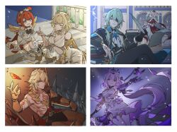 2boys 4girls absurdres aglaea_(honkai:_star_rail) anaxa_(honkai:_star_rail) black_gloves black_pants blonde_hair blue_hair book bug butterfly castorice_(honkai:_star_rail) closed_mouth dress drill_hair eyepatch flower gloves hair_between_eyes hair_flower hair_ornament highres holding holding_quill honkai:_star_rail honkai_(series) hyacine_(honkai:_star_rail) insect laurel_crown long_hair multiple_boys multiple_girls mydei_(honkai:_star_rail) pants papajay_(jennygin2) paper pink_hair pointy_ears purple_hair quill red_hair red_tattoo sitting stairs thighhighs tribbie_(honkai:_star_rail) twin_drills twintails very_long_hair white_dress white_flower white_thighhighs wings