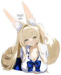 1girl animal_ear_fluff animal_ears blonde_hair blue_bow blue_bowtie bow bowtie breasts cleavage closed_mouth fox_ears fox_girl_miko_(7317helic) fox_tail green_eyes helic_(7317helic) highres large_breasts leaning_forward long_hair original shirt smile solo tail white_shirt