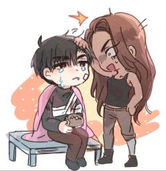 Rule 34 | 1boy, 1girl, alien stage, arrow (symbol), bandages, black eyes, black shirt, black shoes, black tank top, blanket, brown hair, brown pants, cast, chimfucius, commentary, crying, crying with eyes open, dark-skinned female, dark skin, english commentary, fang, fang out, hand on another&#039;s head, hand on own hip, hyuna (alien stage), ivan (alien stage), long hair, open mouth, pants, prosthesis, prosthetic leg, red pupils, shirt, shoes, short hair, sitting, surprised, tank top, tears, very long hair, very short hair