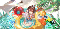1girl absurdres alternate_costume androssi_zahard bikini black_bikini branch breasts brown_hair circle_print colored_eyelashes crop_top day daymera denim food from_above fruit game_cg hairband highres holding holding_towel horns innertube jeans jewelry leaf looking_at_viewer medium_breasts multicolored_bikini necklace official_alternate_costume official_art open_clothes open_shorts palm_leaf pants parted_lips pineapple rubber_duck shadow shirt short_hair shorts single_horn smile solo star_(symbol) striped_clothes striped_shirt sunglasses swim_ring swimsuit towel tower_of_god tower_of_god:_great_journey two-tone_bikini water wet wet_hair white_bikini white_hairband yellow_eyes