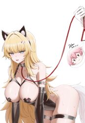 2girls absurdres animal_ears bdsm blonde_hair blue_eyes blush bondage_outfit bound breasts character_request collar douhao_(cmza8875) elbow_gloves femdom gloves highres large_breasts leash long_hair looking_at_viewer multiple_girls open_mouth pasties pet_play resonance_solstice slave tail