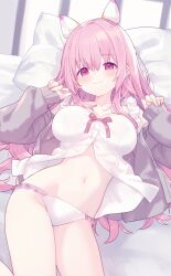 1girl absurdres babydoll blush breasts brown_cardigan cardigan closed_mouth collarbone commentary commission cowboy_shot fuyukara_kururu hair_between_eyes head_on_pillow headgear highres hiraga_matsuri large_breasts long_hair long_sleeves looking_at_viewer lying navel okibi_yodomi on_back on_bed open_cardigan open_clothes panties pillow pink_eyes pink_hair skeb_commission sleeves_past_wrists smile solo underwear white_babydoll white_panties