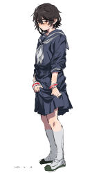 1girl absurdres bangle black_hair blue_serafuku blush bracelet clothes_grab dated from_side full_body glasses grey_neckerchief highres jewelry kneehighs looking_at_viewer messy_hair momijiyama_teru neckerchief school_uniform serafuku shoes short_hair shy_(series) sideways_glance simple_background sketch skirt_grab small_sweatdrop socks solo standing takatisakana uwabaki wavy_mouth white_background white_socks