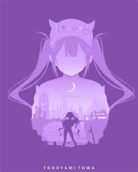 Rule 34 | 1girl, absurdres, artist name, bridge, building, car, character name, city, crescent moon, demon tail, hat, highres, hololive, horns, long hair, moon, motor vehicle, multiple views, purple theme, rezami, shooting star, silhouette, skyline, standing, star (sky), tail, tokoyami towa, tokoyami towa (1st costume), twintails, virtual youtuber