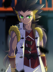 1boy beyblade black_hair blonde_hair character_request coat copyright_request cowboy_shot dark-skinned_male dark_skin fujihana_(mugenpixel) green_eyes long_hair metal_fight_beyblade multicolored_hair open_clothes open_coat ponytail red_shirt shirt sleeveless sleeveless_coat solo spiked_hair wan_dashan