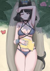 1girl absurdres animal_ears bikini black_eyes blue_archive book bracelet breasts cat_ears cat_girl cat_tail cowboy_shot crab criss-cross_straps from_above gradient_tail grey_bikini hammock highres jewelry kikyou_(blue_archive) kikyou_(swimsuit)_(blue_archive) layered_bikini looking_at_viewer lying medium_breasts miton_iguana multi-strapped_bikini_bottom multiple_tails official_alternate_costume short_hair solo swimsuit tail two_tails